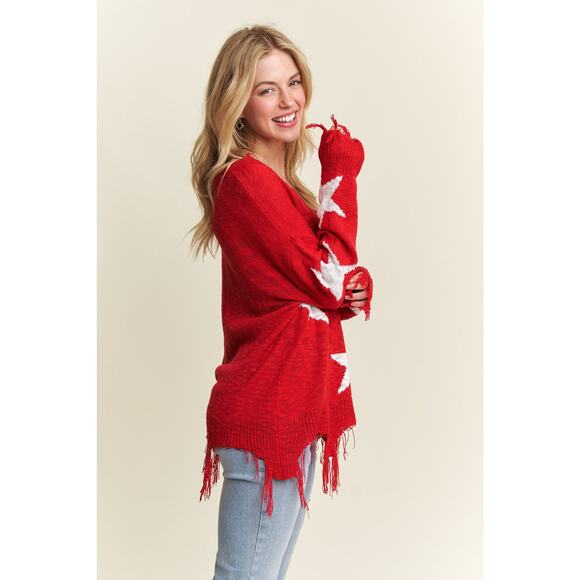 ADORA Distressed Detail Star Pattern Wide V-Neck Lightweight Sweater | Yellow - Picture 5 of 5